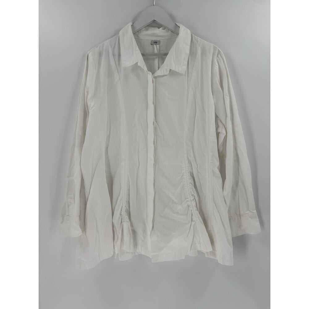 Tulip Button Up Blouse Womens Large White Sheer Ruched Collar Ruffle Long Sleeve